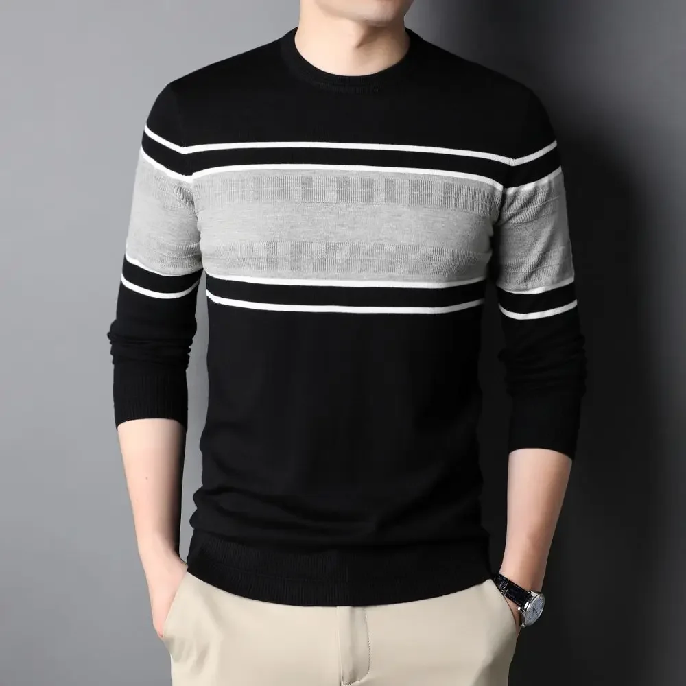 Trendy Stripes Winter Knitting Sweater for Men Clothing Fashion O-Collar Male Soft Breathable Pullovers Jumpers S6115