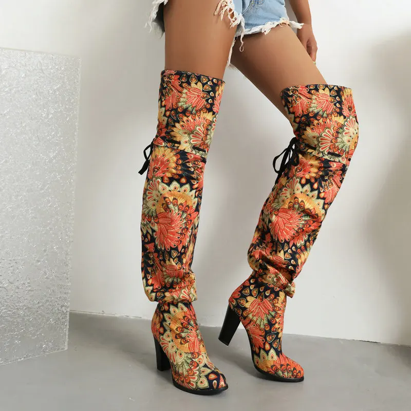 

2022 Flower Print Pants Boots For Wide Calves Thigh High Long Botines Thick High Heels Sexy Womens Winter Overknees Plus Size 48