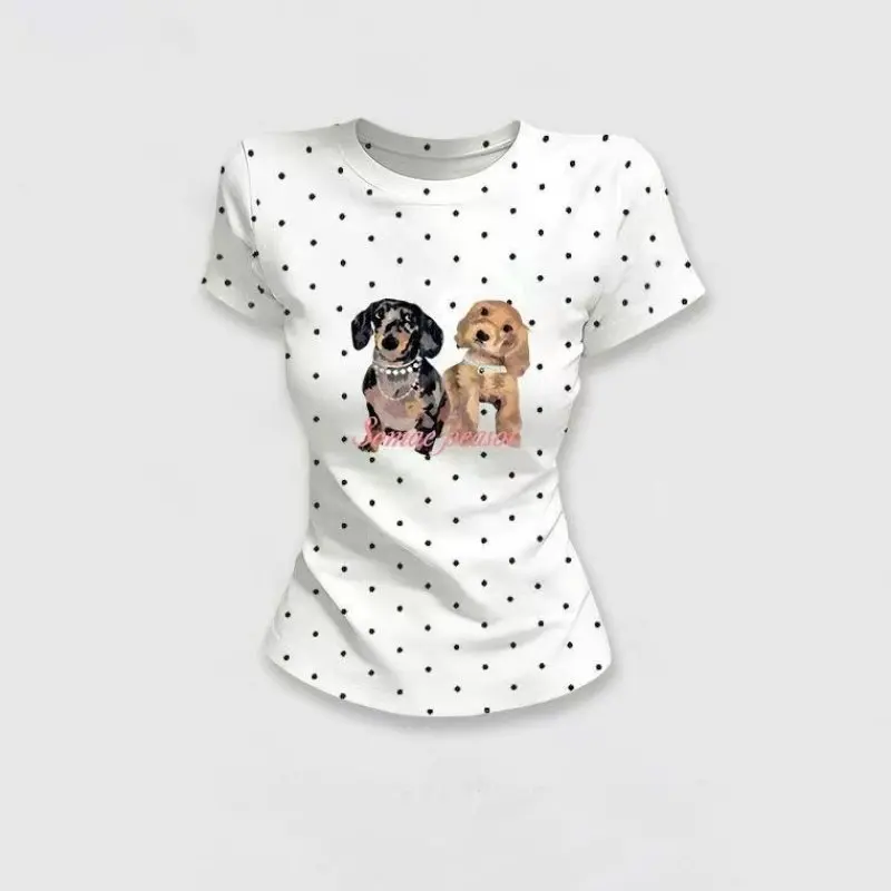 Korean Fashion Cute Polka Dot T-shirts Women Kpop Slim Tops Sexy Y2K Vintage Tees Shirts Puppy Cheap Clothes Woman White Tshirts