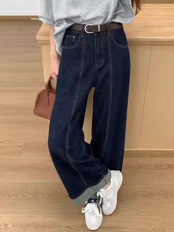 

plus Size 300 Pou Retro Flip Jeans Men Women Nine Points Straight Leg Wide Leg Cuffed Pants Casual Wear Denim Jeans