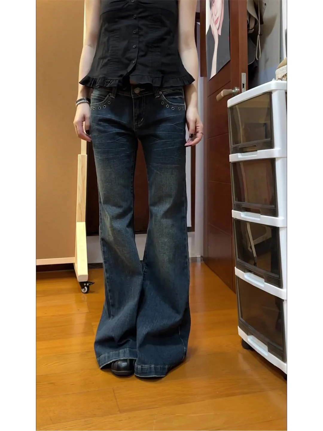 

Retro American Flared Jeans Women's Slim Fit Washed out Summer New Style Natural Waist Denim Pants Medium Warmth Pure Color