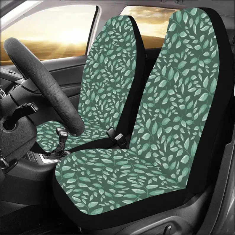 

Green Leaves Car Seat Covers 2 pc, Watercolor Plants Pattern Front Seat Covers, Car RV SUV Vans Truck Seat Protector Accessory