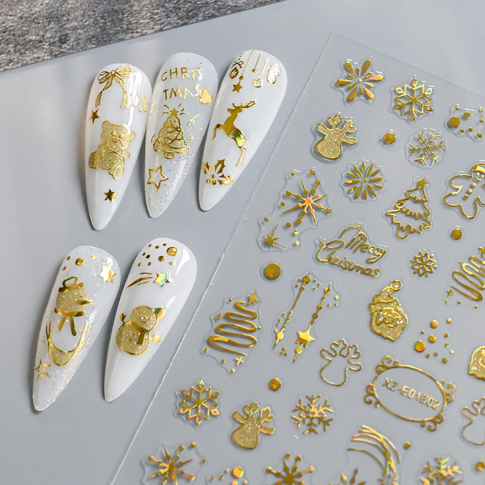 12 adesivi per unghie con fiocco di neve in oro laser con glitter champagne Babbo Natale/albero di Natale/alce decalcomanie per unghie accessorio a tema invernale