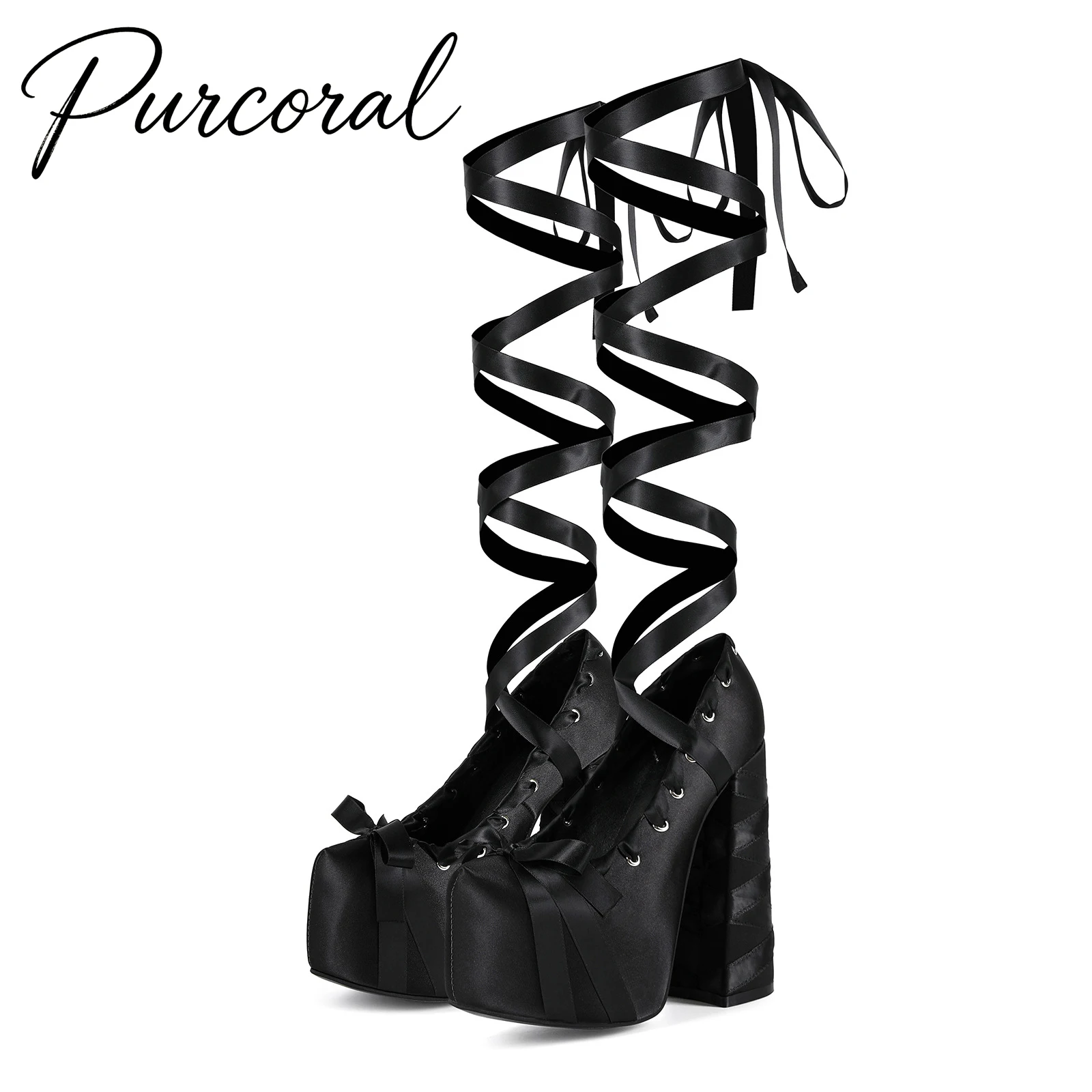 Purcoral Gothic Black Satin Platform Heels for Women - Crisscross Lace-Up Ankle Wrap Chunky High Heel Pumps Goth Lolita Shoes