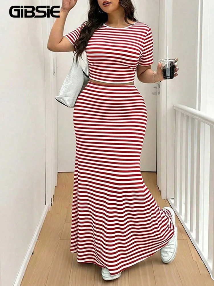 GIBSIE Plus Size Striped O-Neck Short Sleeve Crop Top Women Summer Mermaid Hem Long Skirts Set Female Casual Two Piece Outfit