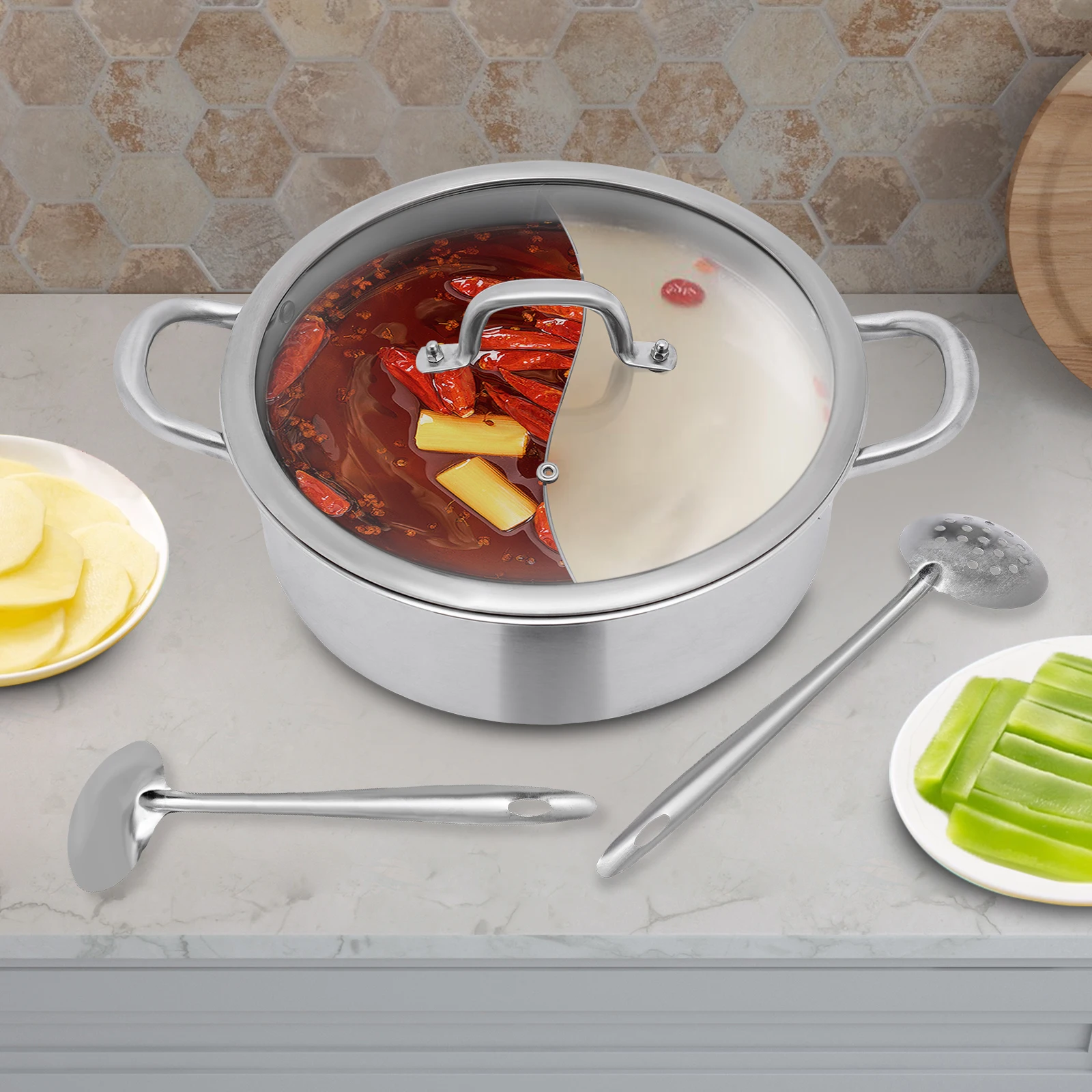 Bymaocar Stainless Steel Hot Pot with Divider Pot with Glass Lid Cooking Soup Hot Pot with Spoon/ Leaky Spoon