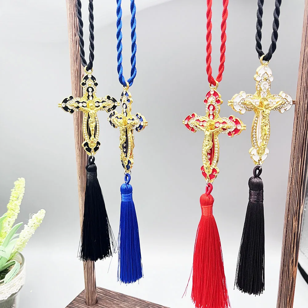 GS159 New Pendants Alloy Double Sided Christian Cross Rhinestone Dripping Oil Full Jesus Saint 3D Stereo Tassels Auto Decoration