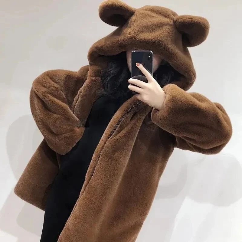 Korean style Women Winter Fur Coat New Cute Bear Ears Furry Velvet Lady Loose Imitation Mink Fur Overcoat