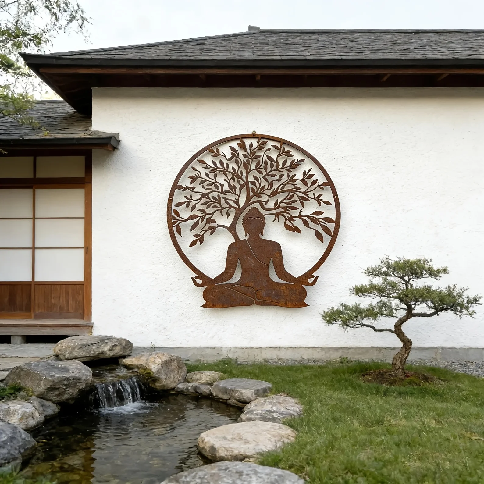 [2D Flat] Retro Rustic Buddha Statue Under Bodhi Tree Metal Wall Art, Zen Garden Decoration, Yoga Room Wall Hanging