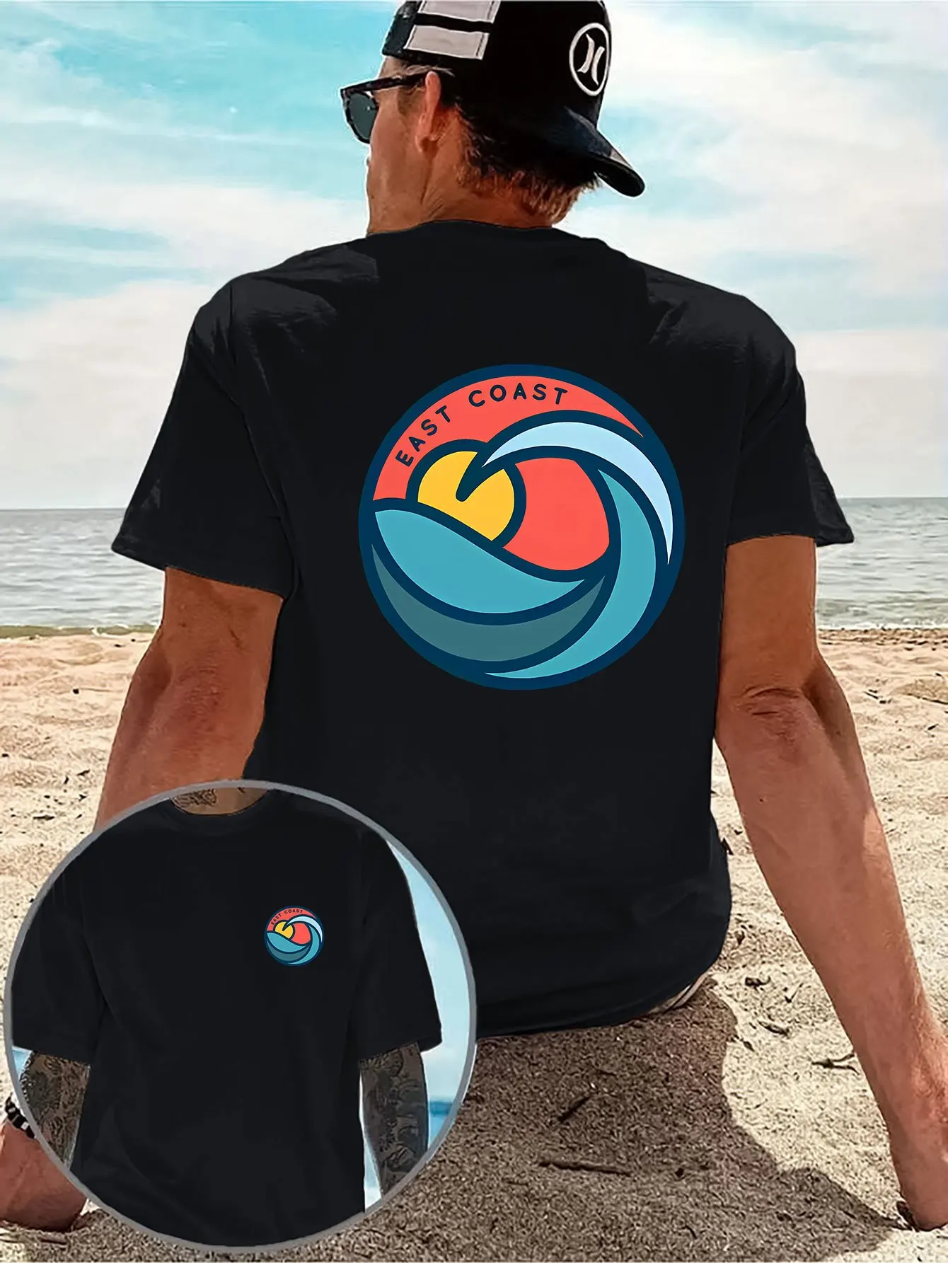 2026 Summer Men East Coast Wave Print T-shirt Double Sided Graphic Beach Vacation Casual Short Sleeve Tee