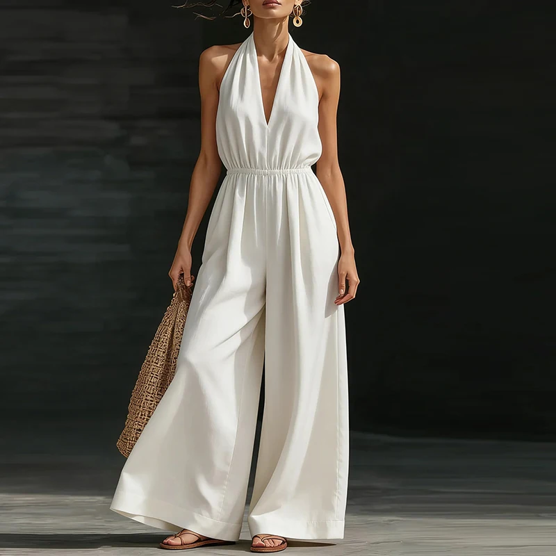 

Elegant Women Solid V Neck Jumpsuit Women Casual Sleeveless Romper Office Lady Playsuits Female Fashion Wide Leg Pants Jumpsuit