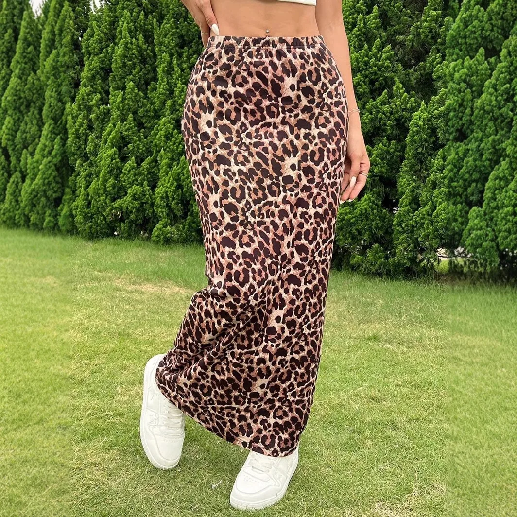 

2025 Spring New Elastic High Waist Half Length Long Skirt Leopard Pattern Tight Knitted Women's Skirt