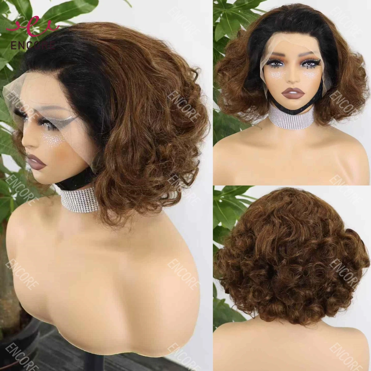 Loose Wave 13x4 Lace Frontal Bob Wigs 12A Brazilian Remy Human Hair Short Bob Wig 1BT4 Color Bouncy Curly 200% Density Lace Wigs