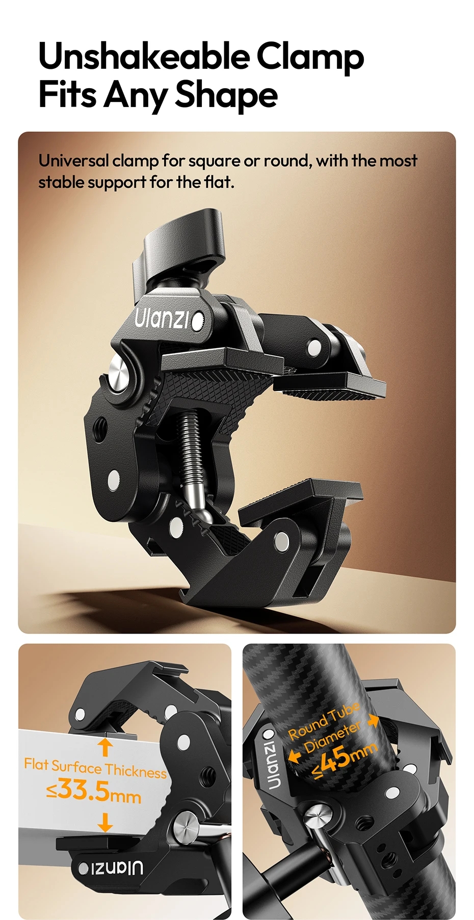 �Ulanzi CO78 Super-Klemme 3-Backen-Super-Klemme für Flache Oberflächen Rundrohr-Super-Klemme für Outdoor-Fotografie und Radfahren – Detail 5