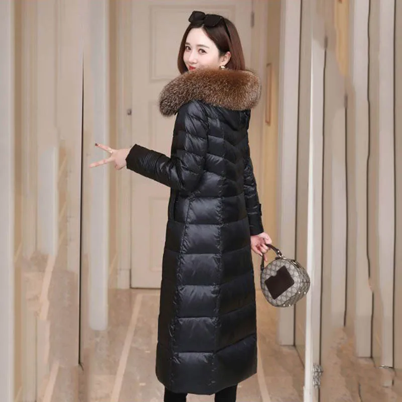 Women's Long White Down  Hooded Fashion Loose Slim Fur Collar Coat Western Style Explosion Winter Warm Coat Female Tide5XL