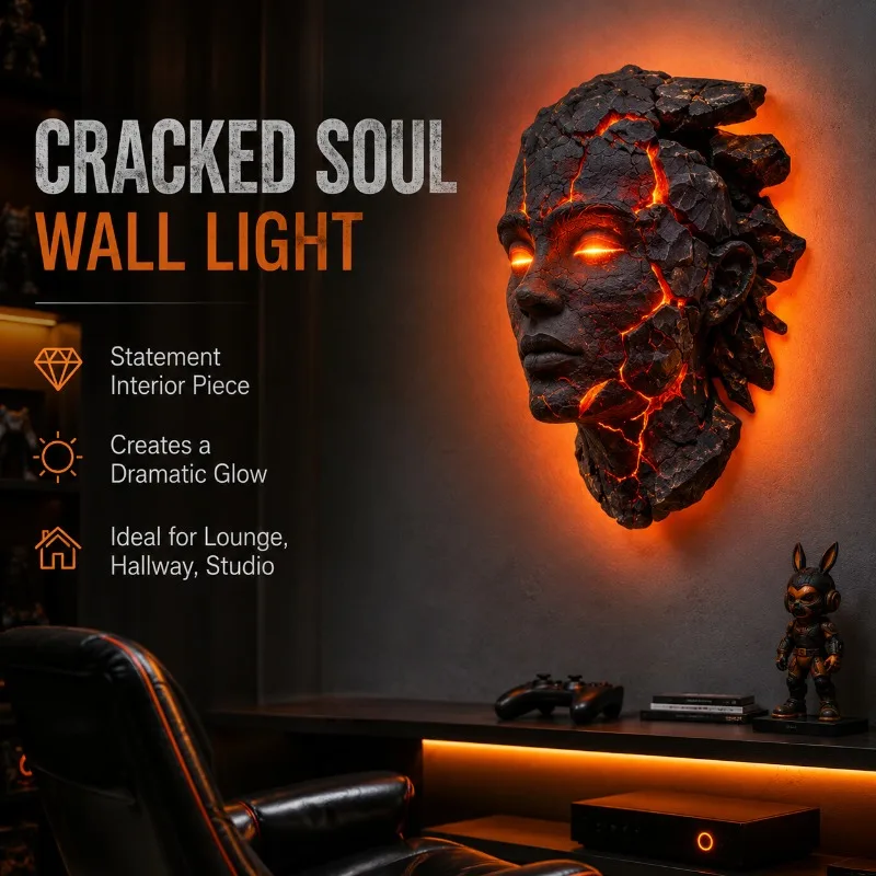 Cracked Soul Wall Lamp 3D Cracked Face Sculpture Ambient Night Light Gothic Home Decor for Bedroom Living Room Hallway Studio