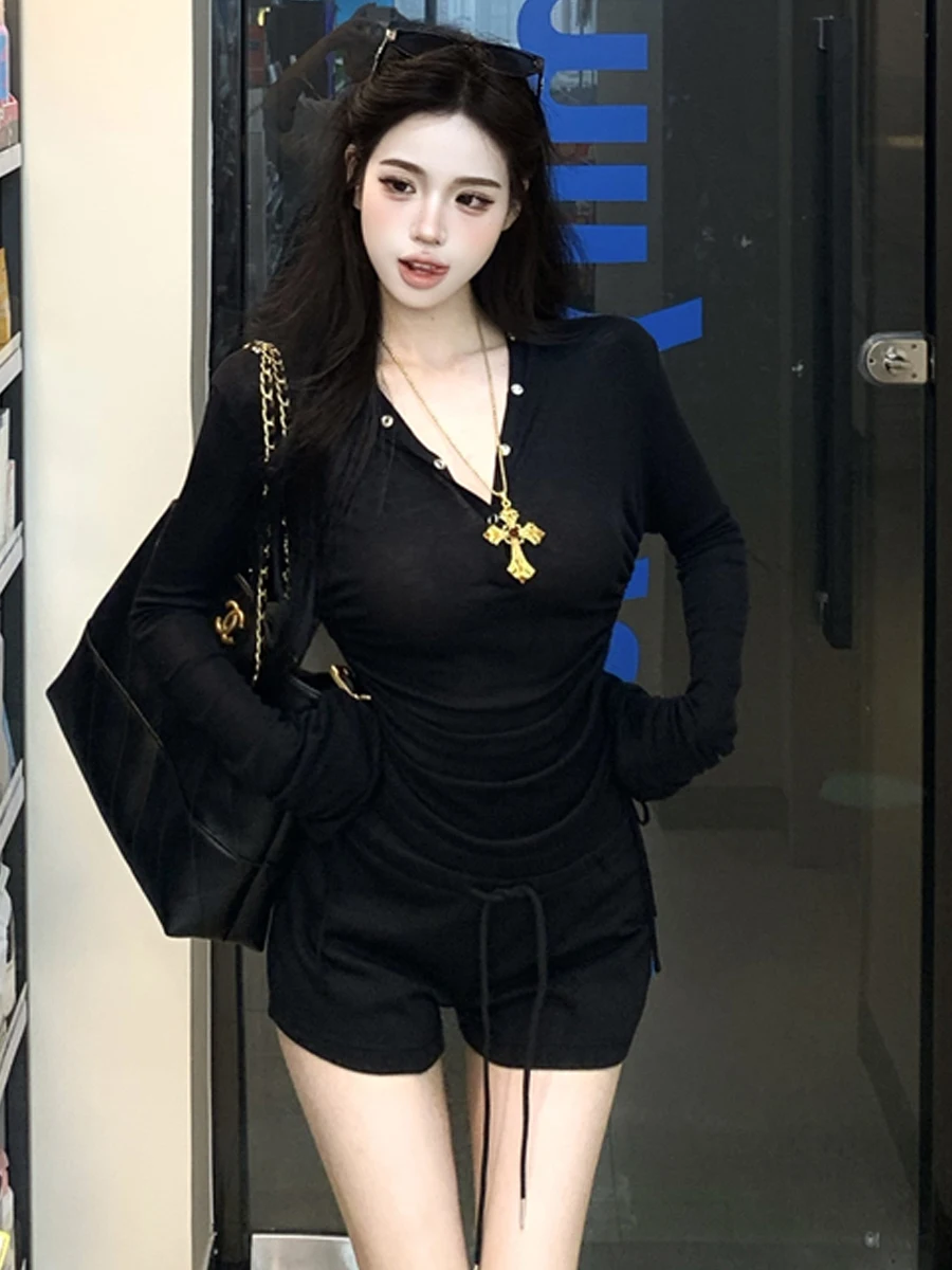 Slimming Effect Hooded Casual Long Sleeve Black Top Overhead Design Simple Fashion T-Shirt for Young Women High Waist Straigh...