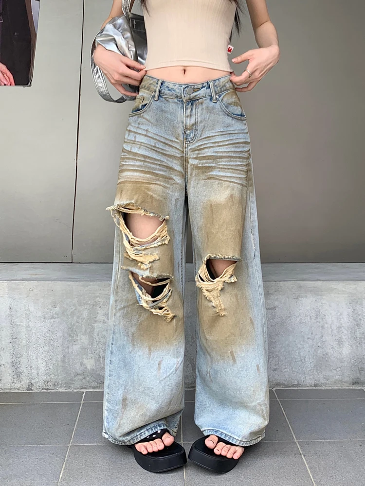 

Dirty Washed Do Old Jeans Women Street Style Straight Wide Leg Loose Baggy Jeans Mujer Ripped Holes Denim Trousers Y2K Clothes