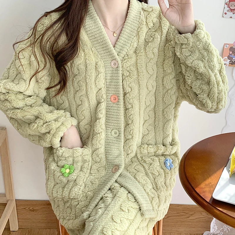 Korean Ins Fashion Velvet Pajamas Winter Coral Fleece Pajama Sets Women Solid Sweet Button Design Long Sleeve Warm Sleepwear