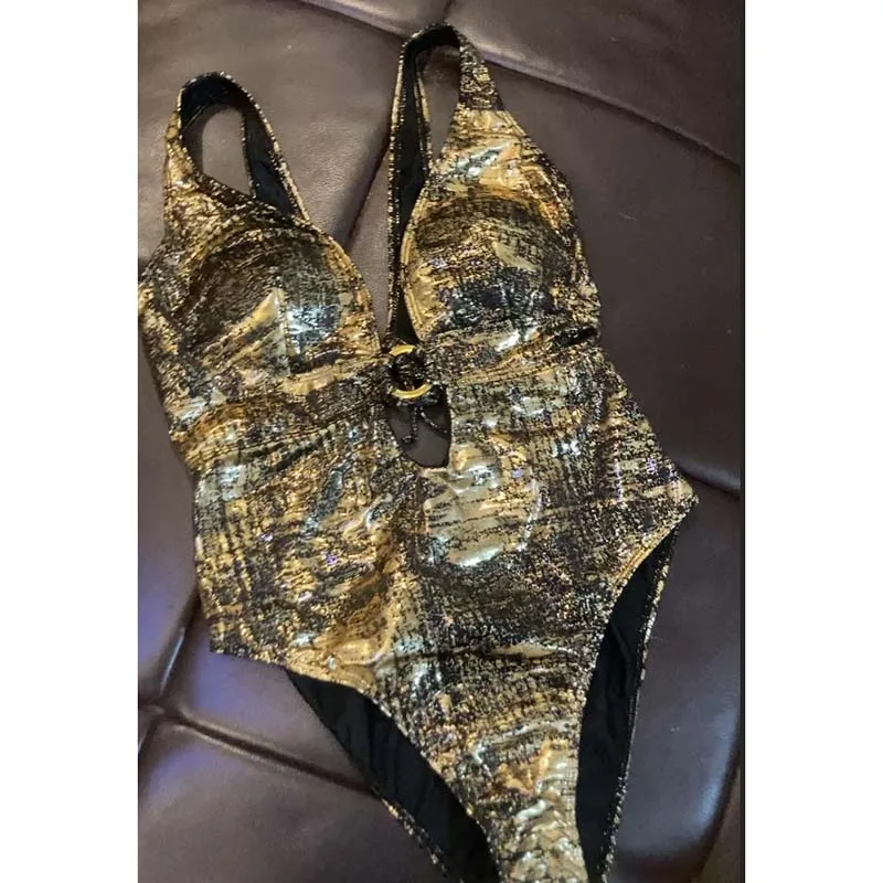 Sexy Metallic Golden One Piece Swimsuit Women Ring Bathing Suit String Swimwear Cut Out Monokini Summer Beach Swim Suit Bather