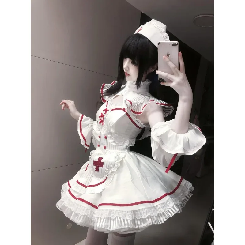 Japanese Lolita Sweet 2 Piece Set Women Bow Puff Sleeve Ruffle Layered Design Nurse Kawaii Harajuku Cosplay Party Daily Outfits view 3