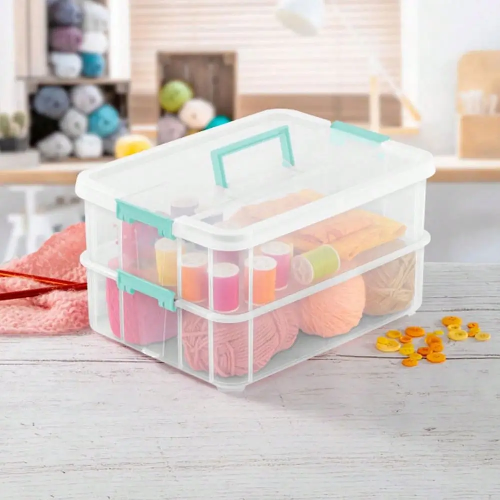 

Stack Carry, 2 Layer Handle Box For Home Office Storage Clear Base Lid With Color Latches, Organizer For Art Craft Supplies, Se