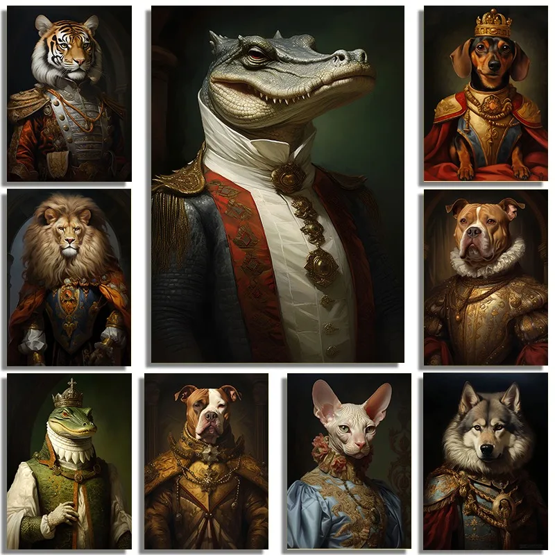 Noble Animal Poster Dog King,Lion,Tiger Knight,cat,crocodile,wolf,prints Canvas Painting Wall Art Picture Modern Room Home Decor