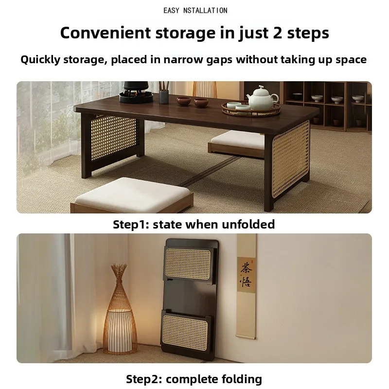 Folding table Household portable small coffee table, non-solid wood tatami tea table Chinese style free installation bay window