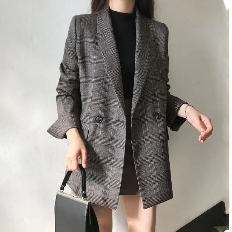 Frauen Winter Plaid Blazer Mäntel Koreanische Mode Elegante Feste Dicke Jacke Weibliche Zweireiher Büro Dame Langen Mantel