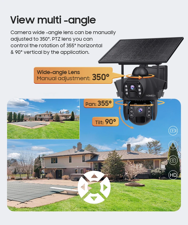 INQMEGA 8MP 4G SIMSolar Camera AOV Outdoor Dual Lens 360° View 10W Solar Panel Security PTZ IP Camera 20100mAh Battery CCTV CAM