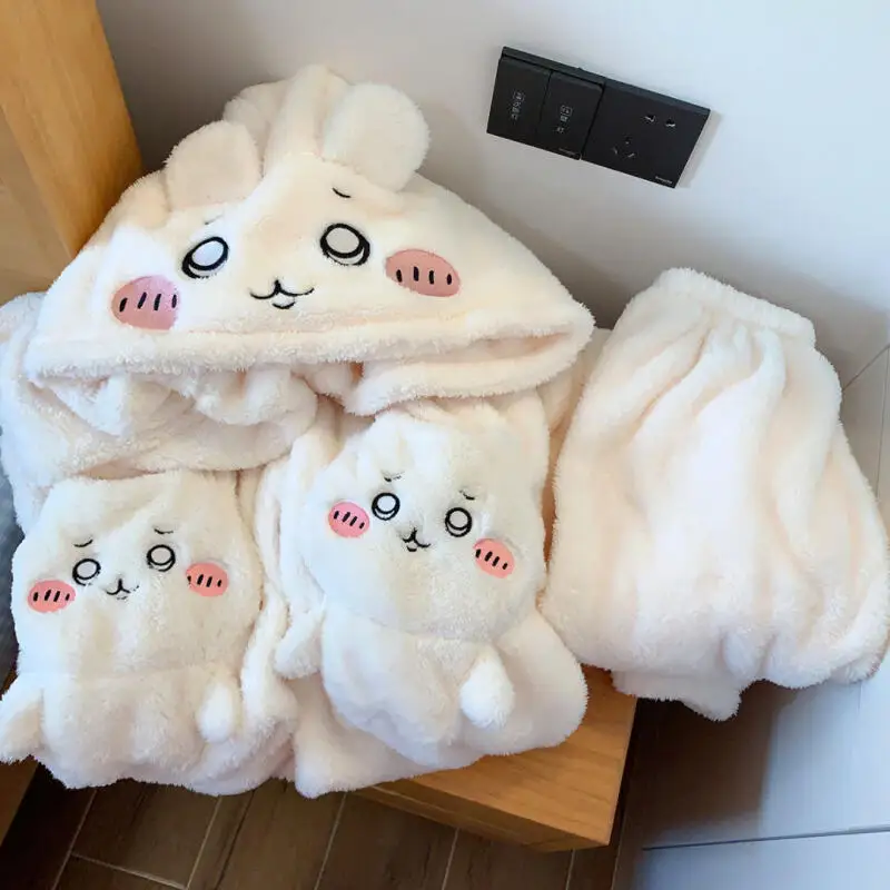 Chiikawa Usagi Thickened Coral Fleece Onesie Sleep Warm Home Clothes Cute Pyjamas Set Summer Season Home Living Holiday Gift