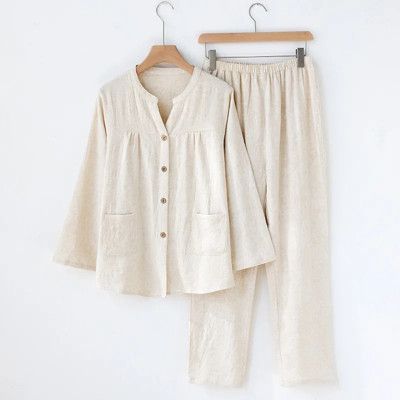 Ladies' Spring and Autumn Pajama Set Japanese Style Unprinted V Neck Cotton Linen Cardigan Loose Long Sleeve Pants Solid Color