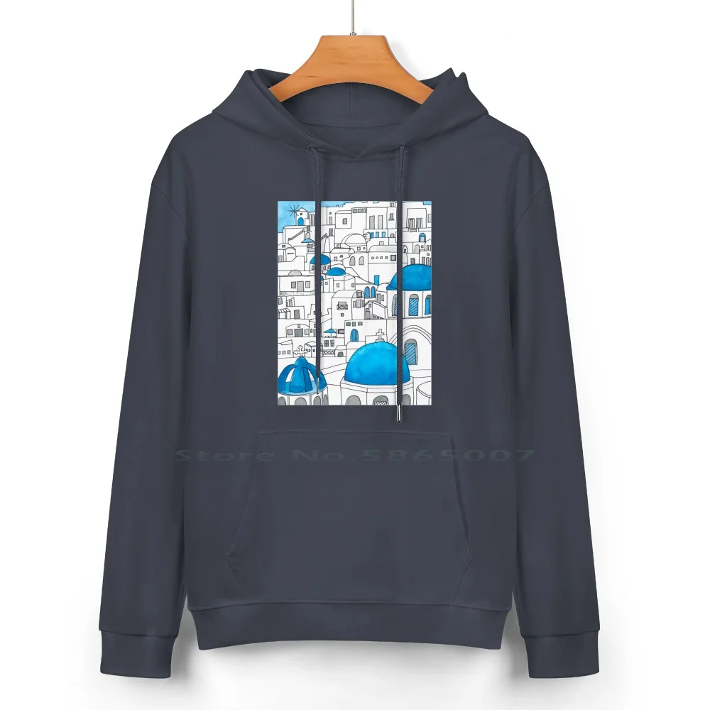 Santorini Blue And White Paradise Pure Cotton Hoodie Sweater 24 Colors Santorini Paradise Greece Ink Drawing Watercolor