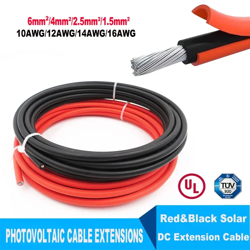 Solar Extension Cable 10/12/14/16AWG Tinned Copper Wire PV Wire for Outdoor Car RV Boat Marine Home Solar Panel - Black & Red