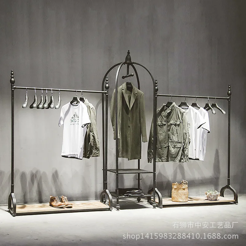 

Retro solid wood clothing store display rack hanger shelf floor-to-ceiling women's lifting clothingrack side hangerpositive ha
