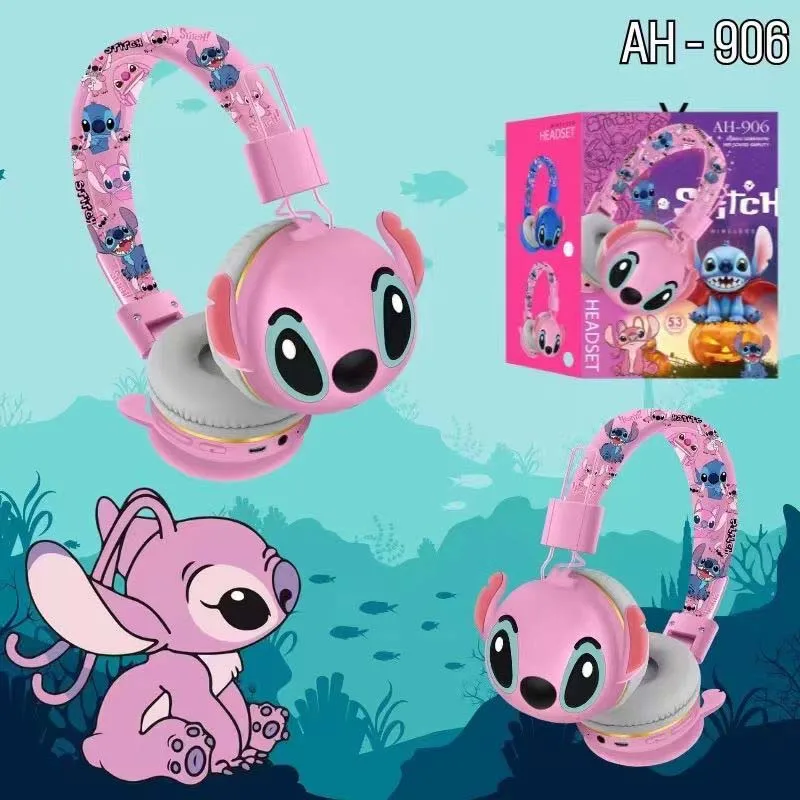 New Stitch Disney Bluetooth Headphones AH-906 Wireless Earbuds HIFI Sound Foldable Headsets with Mic Kids Gifts Anime Cartoon