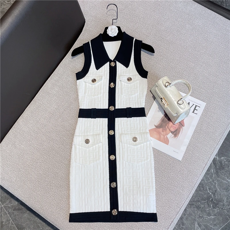 High Quality Women Summer New Korean Version Temperament Ladies Contrast Color Polo Collar Sleeveless Knitted Dress