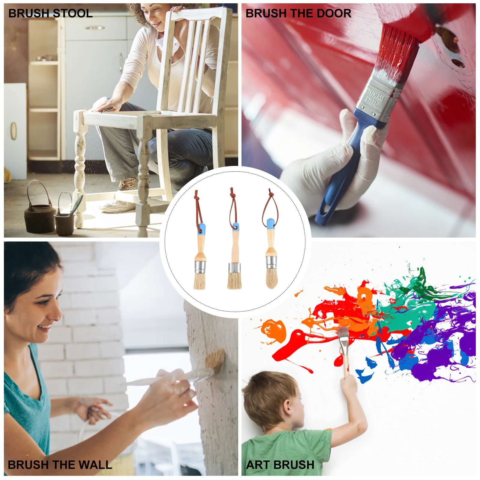 

3Pcs Round Bristle Brush Set Wooden Handle Boar Brushes Stenciling Painting Tools