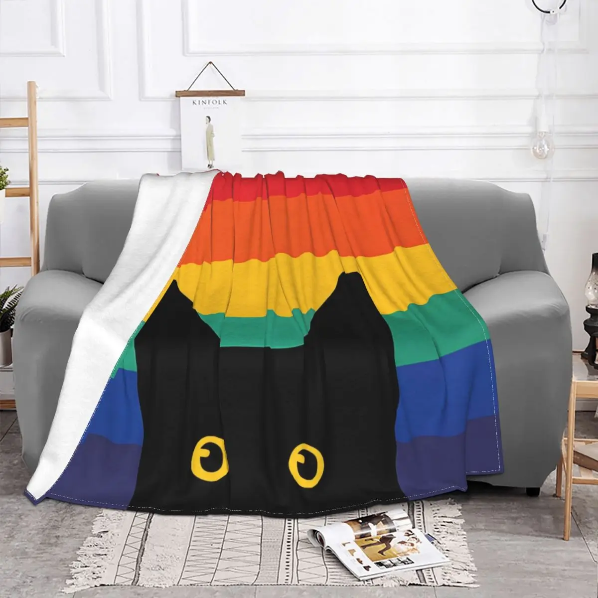 Black Cat Blanket Flannel Decoration Peeking Cat In Rainbow Circle Portable Home Bedspread