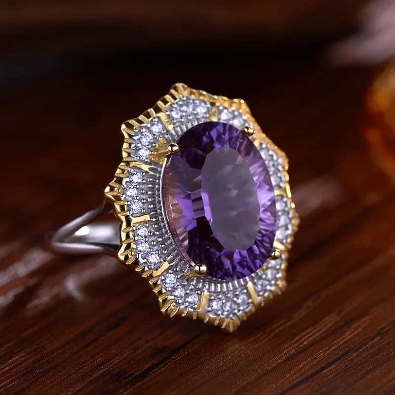 Customized S925 sterling silver natural amethyst malachite colored treasure ring, women's personality advanced sense,