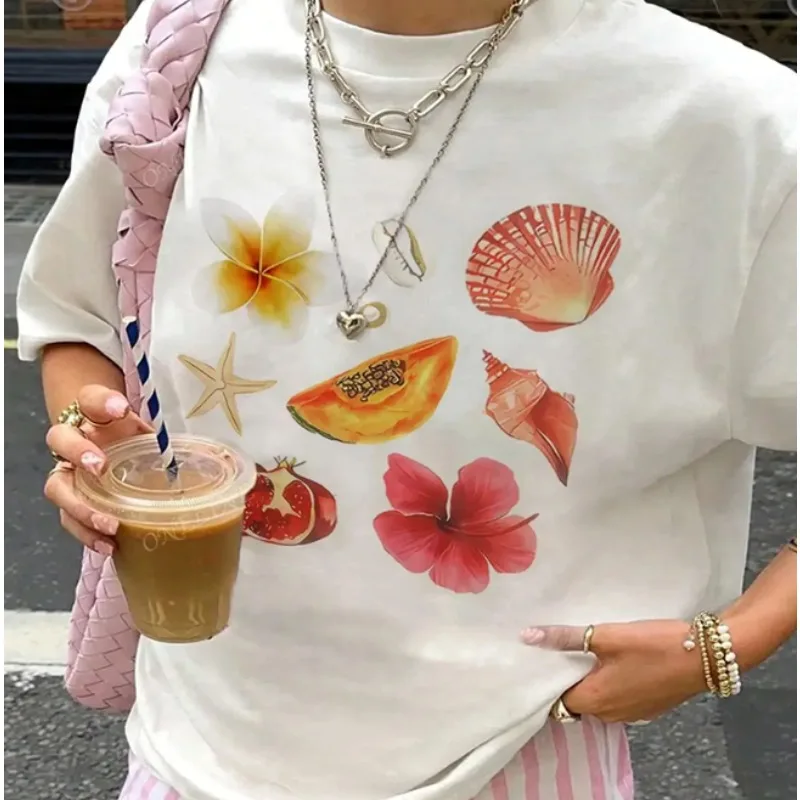 

Женская летняя футболка с принтом морской ракушки и фруктами Y2K, модная повседневная женская футболка в стиле отпуска с коротким рукавом, украшение для дома