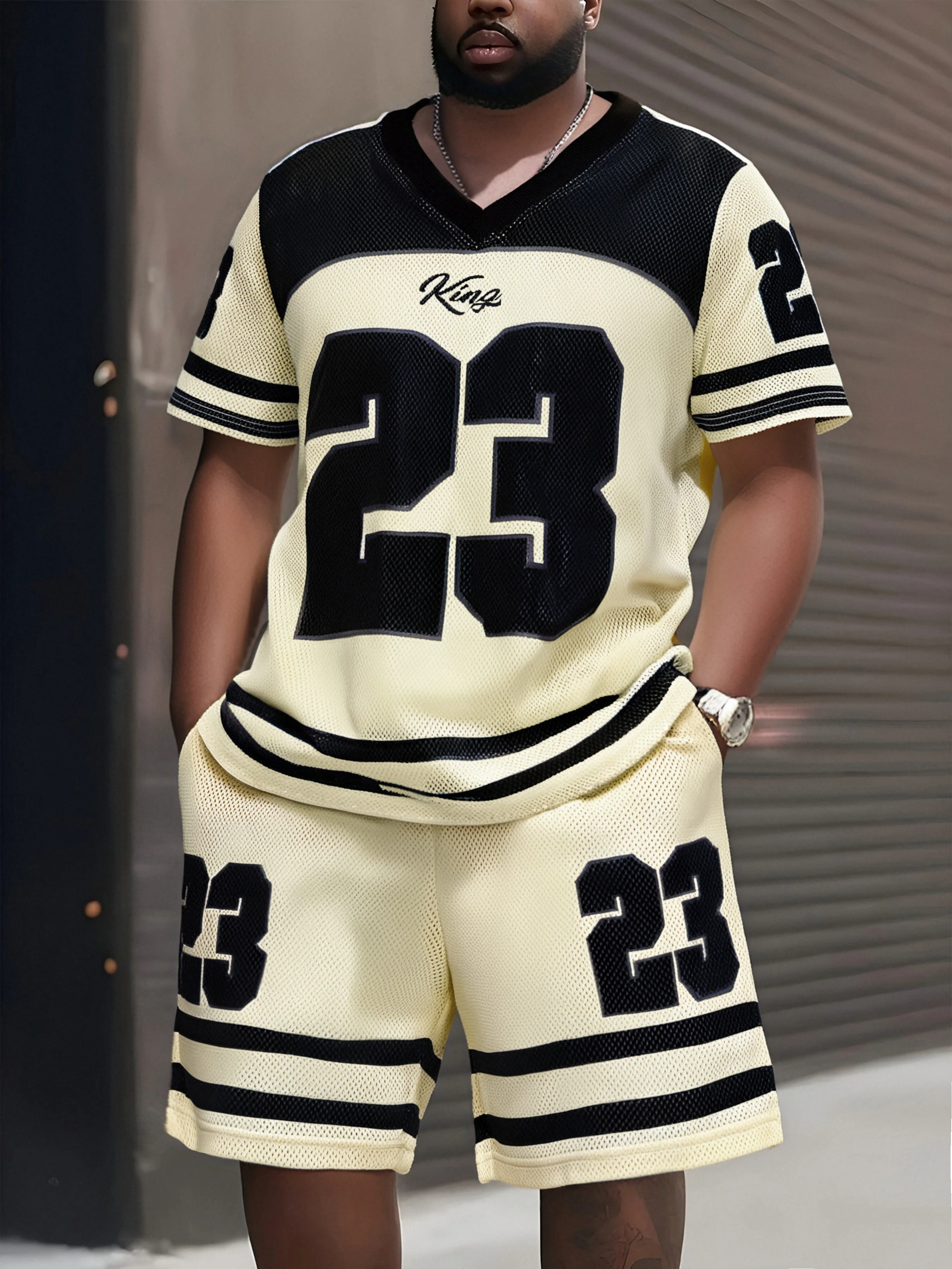 

Men's Large Size Summer Quick Dry Sport Set, Color Block V-Neck T-Shirt & Shorts, Plus Size Basketball Training Wear