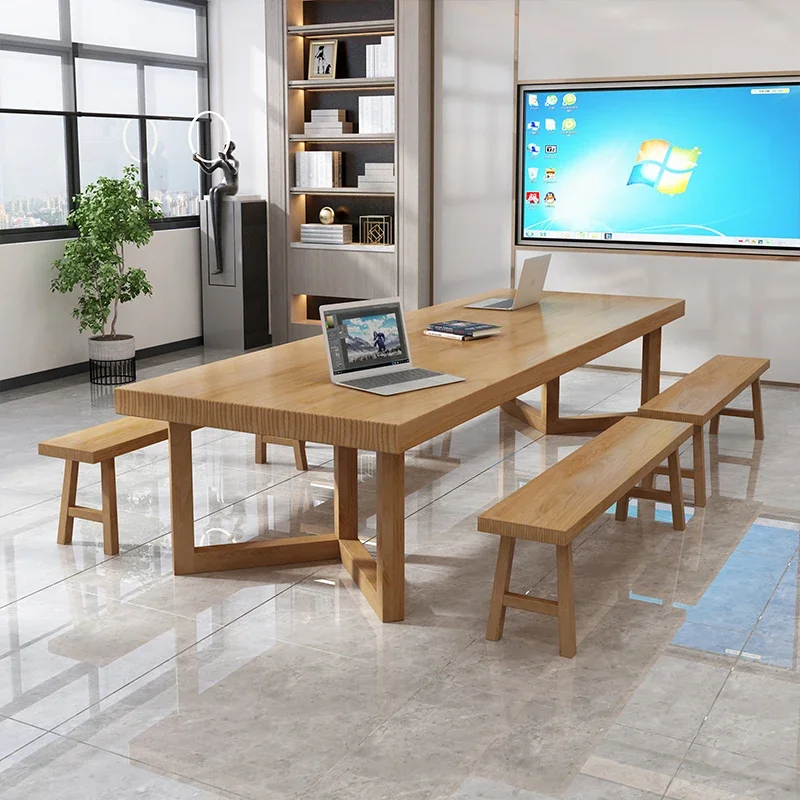 Full solid wood conference table and chair combination library strip large table office long table work table log