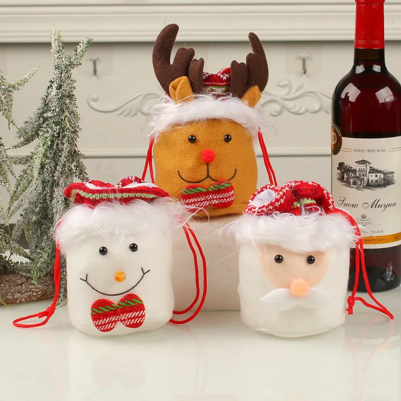 

15PCS Flannel Apple Bag Christmas DIY Drawstring Bag Holiday Atmosphere Gift Bag Party Gift Snowman Elk Fun Packaging Bag