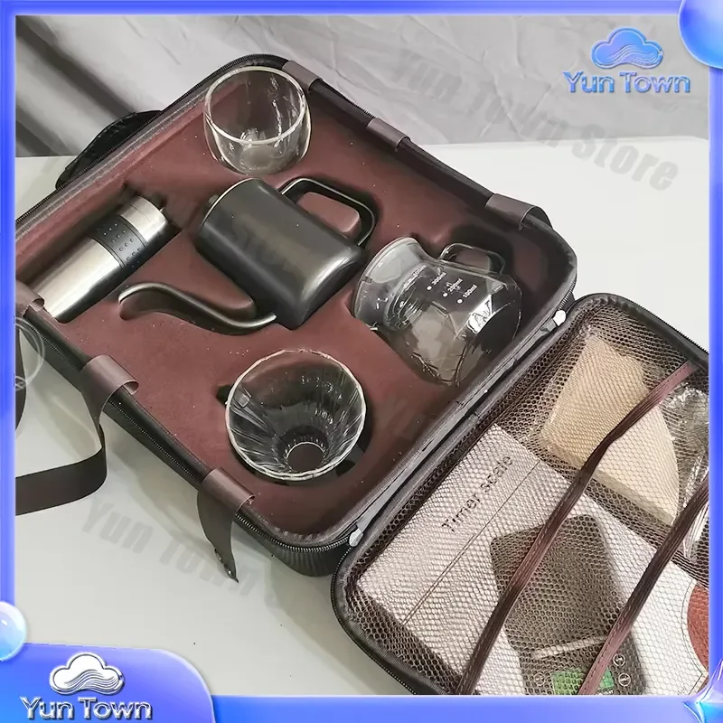 Manual Coffee Grinder with Drip Pot and Kettle for Outdoor Travel Camping Hiking Backpacking Portable Pour Over Coffee Set