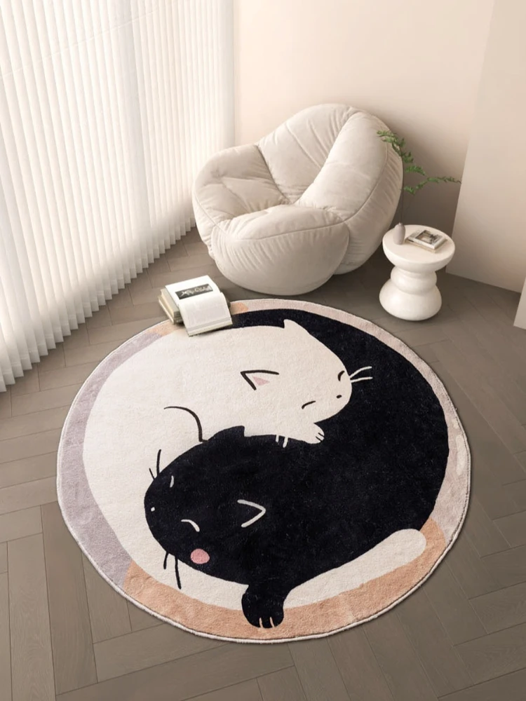 Cute Cat Pattern Round Carpet for Living Room Comfortable Soft Bedroom Bedside Blanket Creative Gray Balcony Decoration Home Rug