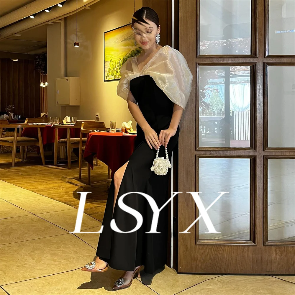 LSYX Off Schulter Crepe Abendkleider Mantel Seite Schlitz bodenlangen Elegante Prom Kleider vestidos de gala mujer Nach Maß