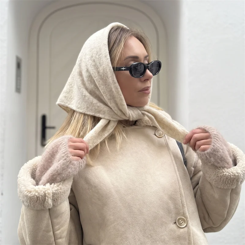 Womens Multi Wear Triangular Scarf Wool Blend Oatmeal Beige Plain Hue Soft Head Wrap Light Thermal Shawl For All Occasions