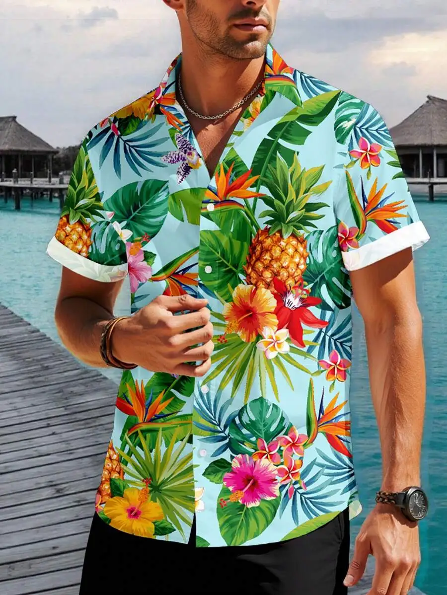 

Men's Short Sleeve Button-Down Shirt with Tropical Floral & Pineapple Print, Regular Fit, Woven Fabric