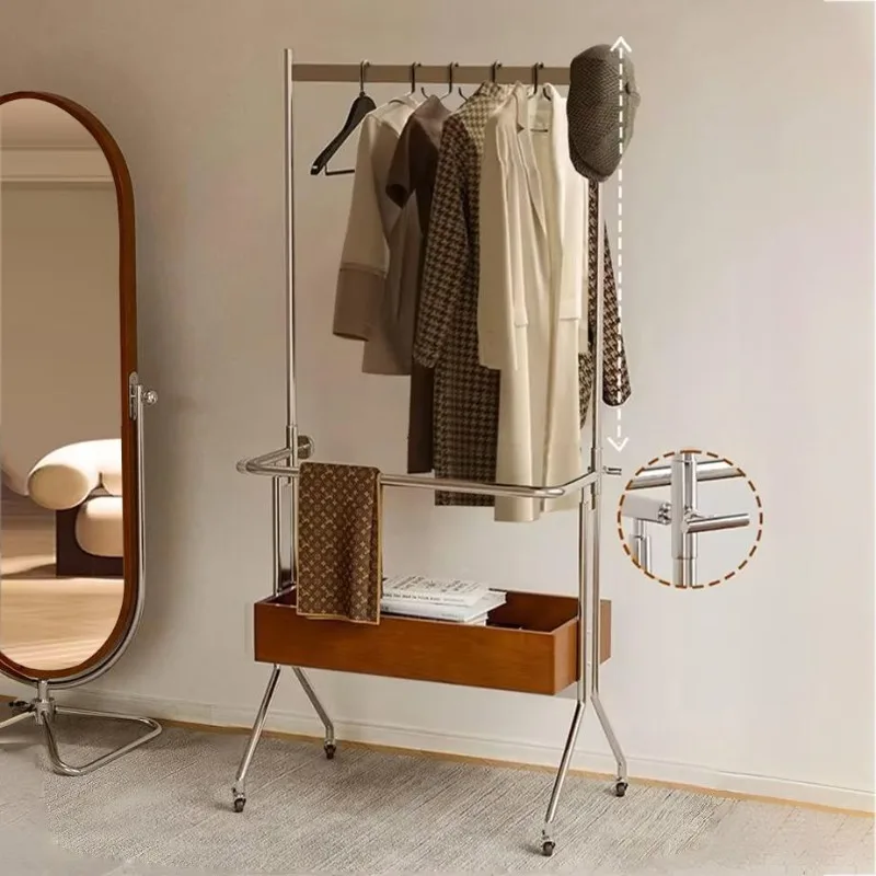 Solid Wood Double-layer Coat Rack, Bedroom Mobile Storage, Secondary Cleaning, Laundry Basket, Floor-to-ceiling Drying Hanger